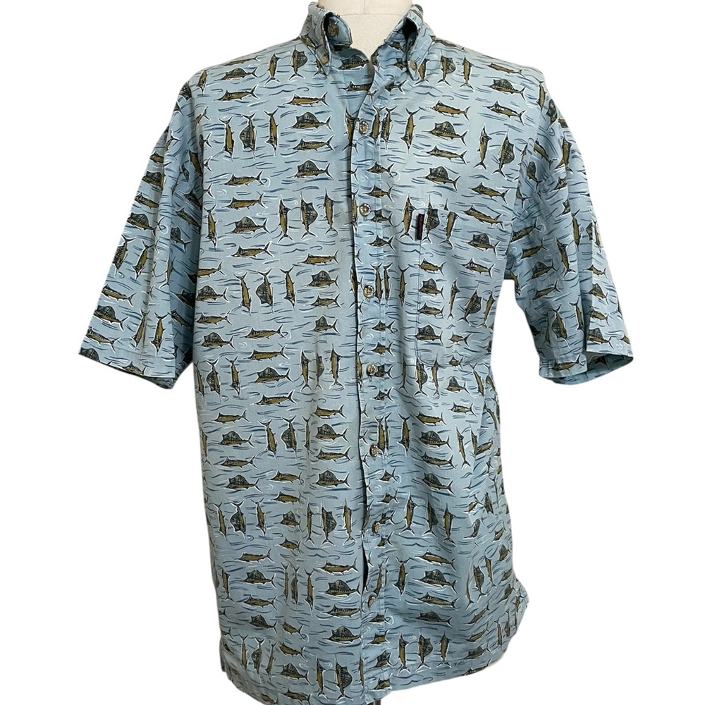 SPORTIF Blue Cotton Tan Fish Sailfish Blue Marlin Print Short Sleeve BD Shirt